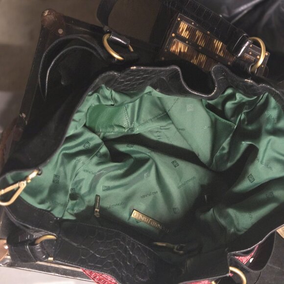 Donald J Pliner black suede and leather satchel tote with croc-embossed trim - Picture 7 of 7